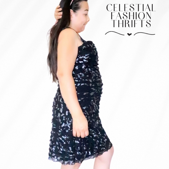 RICKIS WOMENS SIZE XL STRAPLESS BLACK & SILVER RUFFLES MIDI DRESS - Picture 2 of 6